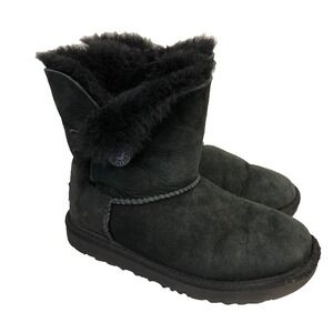 Ugg Bailey Button II Boots Girls 2 Black Suede Shearling Lined Pull On Winter